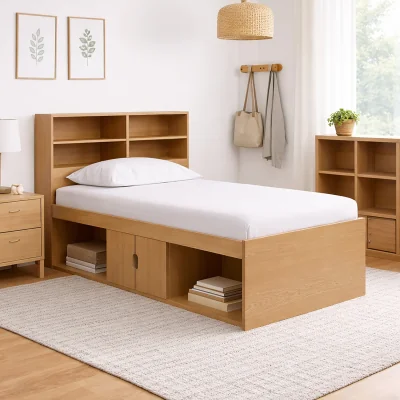 Happy Beds Arctic - Single - Cabin Bed with Open Storage, 2-Door Cupboard and Bookcase Headboard - Oak - Wooden - 3ft