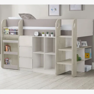 Happy Beds Saturn - Single - Kids Mid Sleeper Bed - Storage and Desk - Brown and White - Wooden - 3ft - Happy Beds