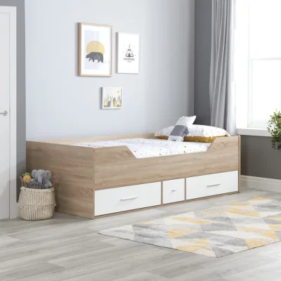 Happy Beds Camden - Single - Kids Cabin Bed - Storage - White and Oak - Wooden - 3ft - Happy Beds