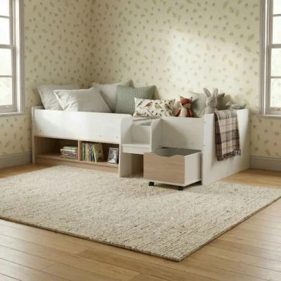 Happy Beds Cottage - Single - Cabin Bed with Drawer and Shelving - White/Oak - Wood -  3ft