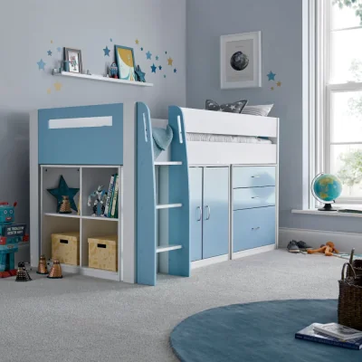 Happy Beds Lacy - Single - Storage Midsleeper Bed - White/Blue - Wooden - 3ft - Happy Beds
