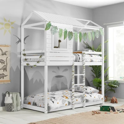 Happy Beds Adventure - Single - Kids House Style Bunk Bed - White - Wooden - 3ft - Happy Beds