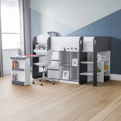 Happy Beds Saturn - Single - Kids Mid Sleeper Cabin Bed - Grey and White - Wood - 3ft - Happy Beds