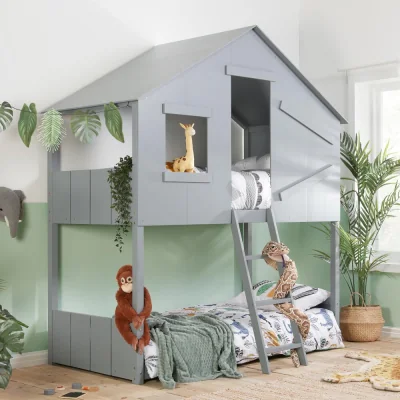 Happy Beds Safari - Single - Kids House Style Bunk Bed - Grey - Wooden - 3ft - Happy Beds