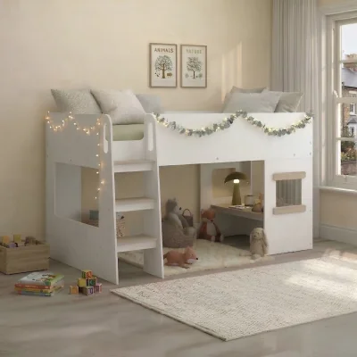 Happy Beds Cottage - Single - Mid Sleeper Bed with a Desk - White/Oak - Wood - 3ft