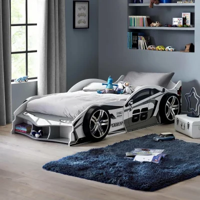 Happy Beds Storm - Single - Racer Design Car Kids Bed - White/Grey - Wooden - 3ft