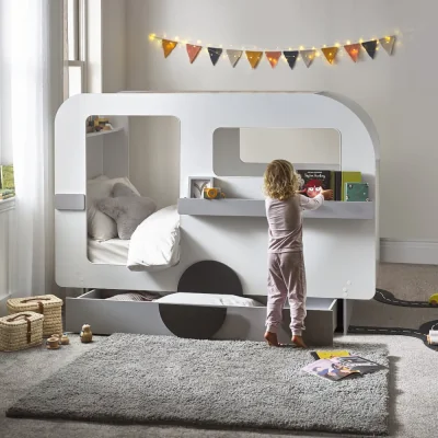 Happy Beds Tourer - Single - Caravan Shaped Kids Bed with Shelving and Underbed Drawer - Grey/White - Wooden - 3ft - Happy Beds