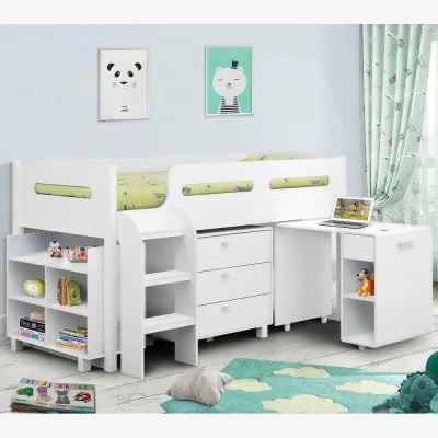 Happy Beds Kimbo - Single - Kids Cabin Bed - Storage and Desk - White - Wooden - 3ft - Happy Beds
