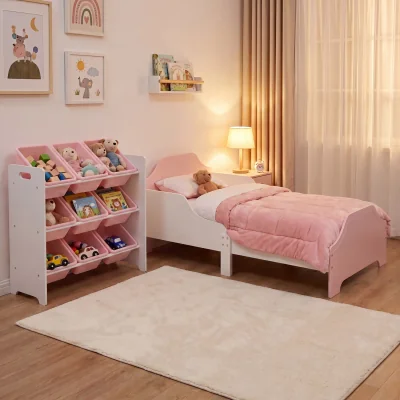 The Range Two Tone Toddler Bed and 9 Bin Storage Unit Set - White & Pink - White & Pink