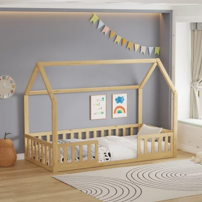 The Range WestWood Wooden House-Shaped Toddler Bed Frame Single With Split Safety Guard Rail Natural
