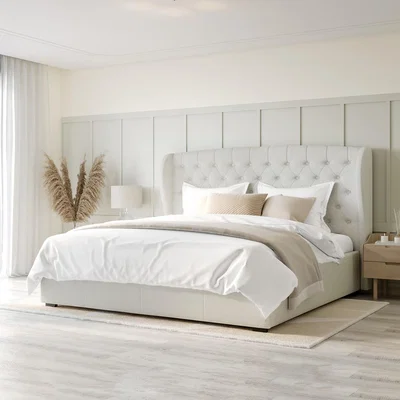 Furniture123 Cream Fabric Super King Ottoman Bed with Winged Headboard - Safina