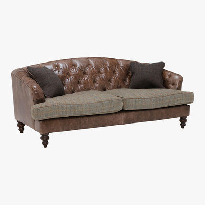 Barker and Stonehouse Harris Tweed Leather Dalmore Midi Sofa, Bracken Herringbone