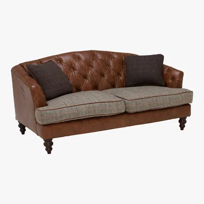 Barker and Stonehouse Harris Tweed Dalmore Petit Sofa, Bracken Herringbone and Brompton Tan