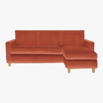 Habitat Chester Orange Velvet 3 Seater Chaise Sofa, Oak Stained Feet, Orange