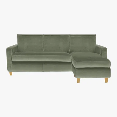 Habitat Chester Sage Green Velvet 3 Seater Chaise Sofa, Oak Feet, Green Green