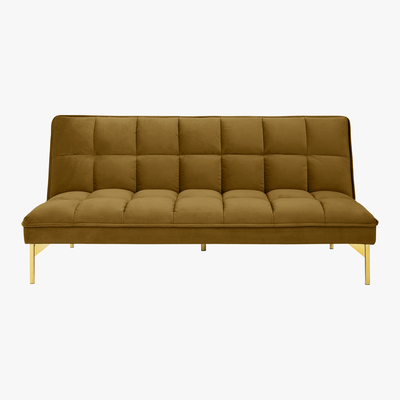 Made.com Hallie Click Clack Sofa Bed, Saffron Yellow Velvet with Brass Legs