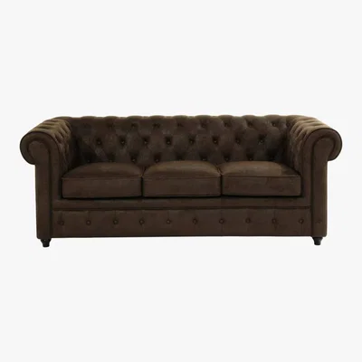 Maisons du Monde 3-Seater Imitation Suede Button Sofa in Brown Chesterfield