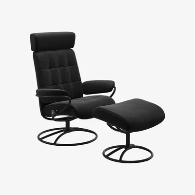 Barker and Stonehouse Stressless London Original High Back Chair & Stool, Black Leather | Barker & Stonehouse