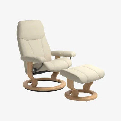 Barker and Stonehouse Stressless Consul Medium Classic Chair &amp; Stool, Batick Cream &amp; Oak