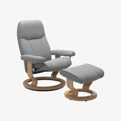 Barker and Stonehouse Stressless Consul Medium Classic Chair & Stool, Grey Leather | Barker & Stonehouse
