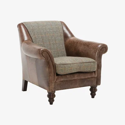 Barker and Stonehouse Harris Tweed Leather Dalmore Accent Chair Bracken Herringbone