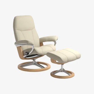 Barker and Stonehouse Stressless Consul Medium Signature Chair & Stool, Cream Leather | Barker & Stonehouse