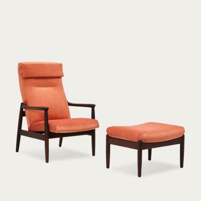 Bombinate.com Coral H64 Velvet Highback Armchair with Footstool - Dark Oak