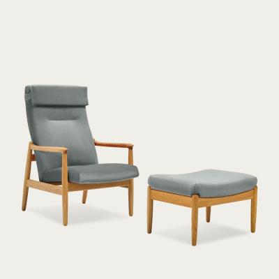Bombinate.com Stone Grey H64 Velvet Highback Armchair with Footstool - Oak