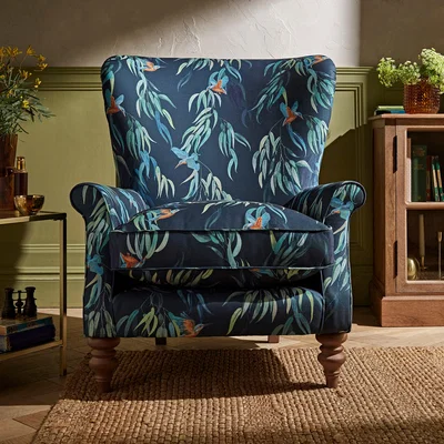 Dunelm Charlbury Wing Chair Kingfisher Print Blue