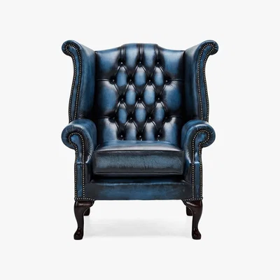 Dunelm Belvedere Chesterfield Antique Leather Queen Anne Armchair Blue