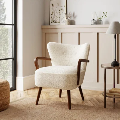 Dunelm Eliza Wooden Boucle Armchair, Ivory White