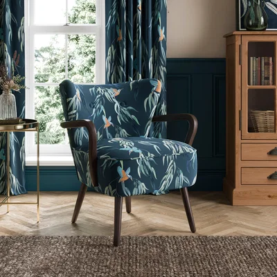 Dunelm Eliza Wooden Armchair, Flatweave Kingfisher Print