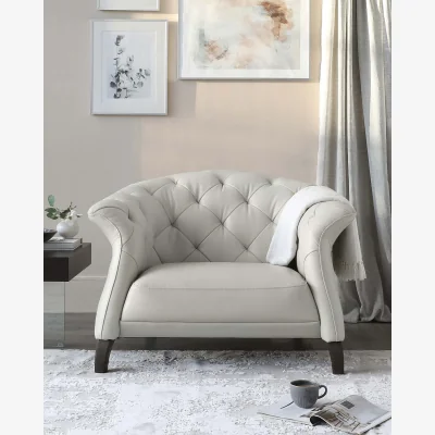 Danetti Luxe Modern Natural Grey Real Leather And Dark Wood Leg Armchair