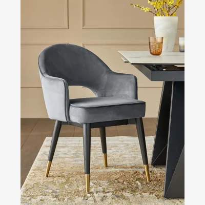 Danetti Clover Dark Grey Velvet & Brass Dining Armchair