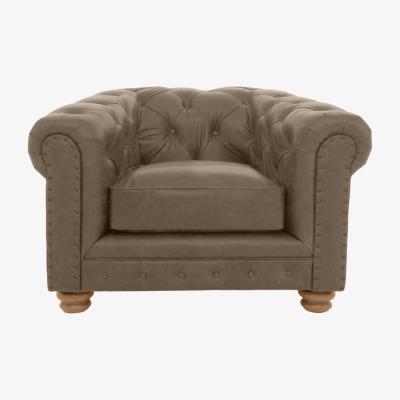 Furniture Village Alexander and James - Hugo Leather Chesterfield Chair - Taupe with Studs - Oak Feet