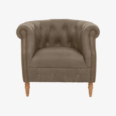 Furniture Village Alexander and James - Chesterfield Collection Calvin Leather Chair - Taupe with Studs - Oak Feet