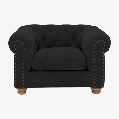 Furniture Village Alexander and James - Chesterfield Collection Hugo Fabric Chair - Chocolate with Studs - Oak Feet