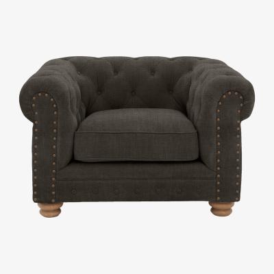Furniture Village Alexander and James - Chesterfield Collection Hugo Fabric Chair - Linen Grey with Studs - Oak Feet