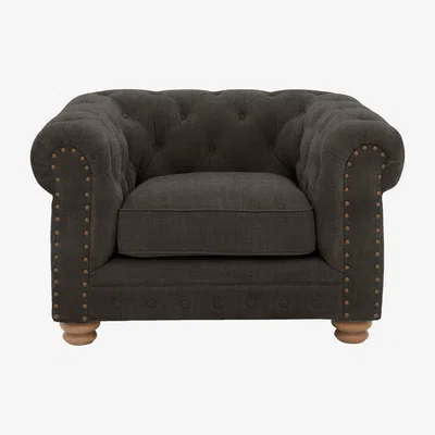 Furniture Village Alexander and James - Chesterfield Collection Hugo Fabric Chair - Linen Grey with Studs - Oak Feet
