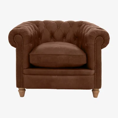 Furniture Village Alexander and James - Chesterfield Collection Ralph Leather Chair - Satchel Pepper with Studs - Oak Feet