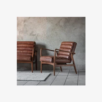 Furniture123 Leather Armchair in Brown & Wood Frame - Caspian House