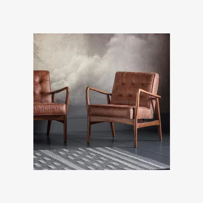 Furniture123 Humber Mid- Century Buttoned Leather Armchair in Brown - Caspian House