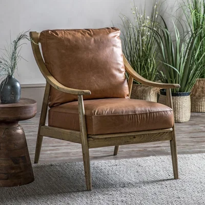 Furniture123 Brown Leather Mid Century Armchair with Wood Frame - Caspian House