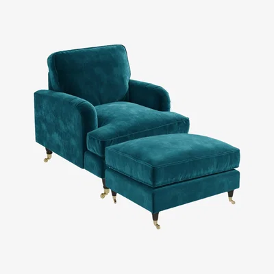 Furniture123 Teal Velvet Armchair and Footstool - Payton