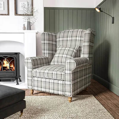 Furniture123 Wingback Chair in Grey Tartan Fabric - Rupert
