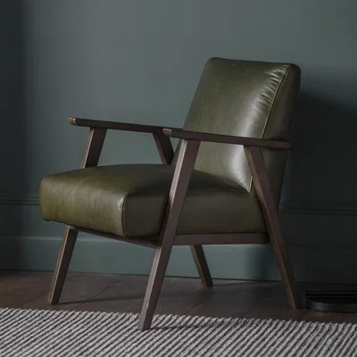 Furniture123 Leather Armchair in Green & Dark Wood Frame - Caspian House