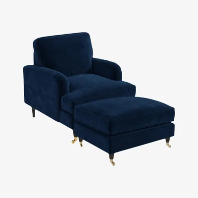 Furniture123 Navy Velvet Armchair and Footstool - Payton