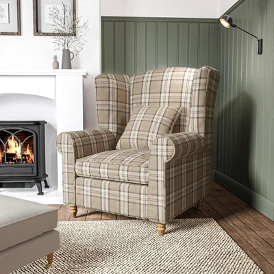Furniture123 Wingback Armchair in Beige Tartan Fabric - Rupert