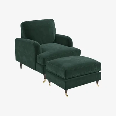 Furniture123 Dark Green Velvet Armchair and Footstool - Payton