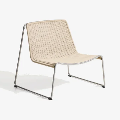Kave Home Tavari stackable armchair in beige synthetic rope cord and brushed-effect stainless steel